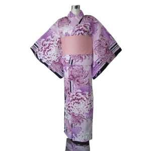  Kimono Yukata Purple Flowers & Black Stripes + Obi Belt 