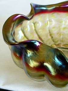 c1900 fine art glass bowl, Rindskopf, iridescent, 11, internal crack 