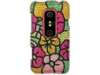 RAINBOW FLOWERS BLING CRYSTAL CASE COVER HTC EVO 3D Shiny BEDAZZLED 