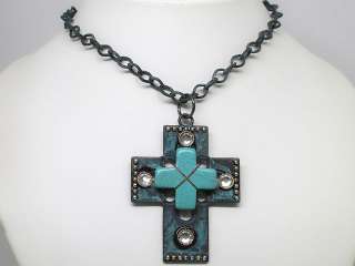 Turquoise Color Bead Cross Crystal Necklace Set s0307  