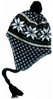 Black White Peruvian Ear flap Winter Ski Hat Lined Beanie Cap Snow 
