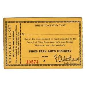  1920 Pikes Peak Auto Highway Souvenir Ticket Everything 