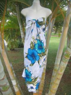 Sarong Plus Sz White Blue Cluster Hibiscus Pareo Dress  