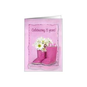  71st birthday, boots, daisy, gingham, birthday, pink Card 