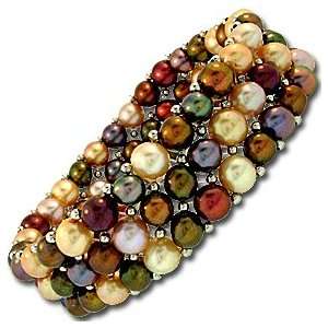 Three Row Multi Gemstone Color Pearl Sterling Silver Stretch Beaded 