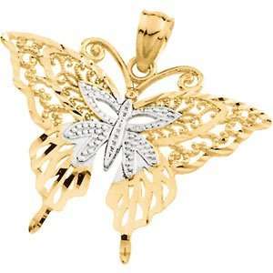   75 MM Two Tone Butterfly Pendant in 14K Yellow and White Gold, 100%