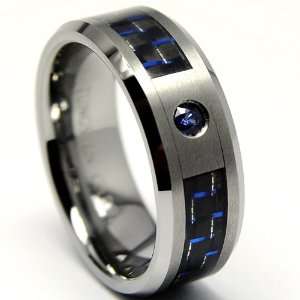  8MM Tungsten Carbide Ring BLUE SAPPHIRE .050 Carat & BLACK 