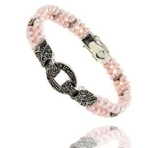 Sterling Silver Pink Pearl Marcasite Bracelet Jewelry