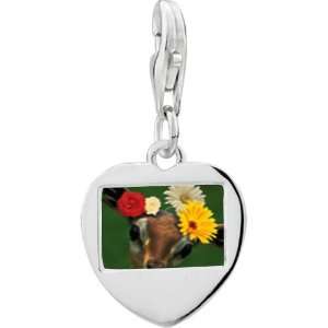   Silver Doe With Flowers Photo Heart Frame Charm Pugster Jewelry