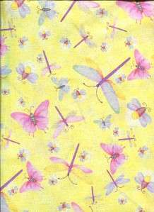 DRAGONFLY BUTTERFLY FIREFLY YELLOW Cotton Quilt Fabric  