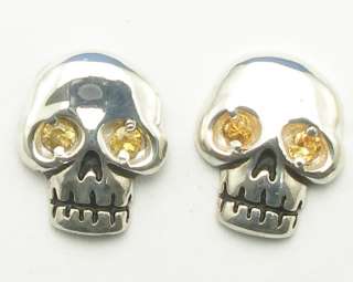   Silver Human Skull Earrings, natural yellow sapphire eyes  