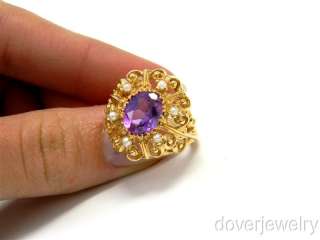 Antique 14K Gold 2.00ct Amethyst Wire Pearl Ring NR  