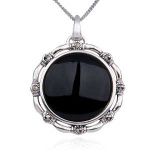    Sterling Silver Marcasite and Black Onyx Pendant, 18 Jewelry