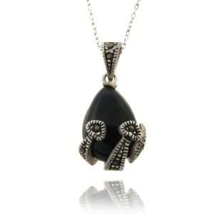   Sterling Silver Marcasite Black Onyx Heart Teardrop Pendant Jewelry