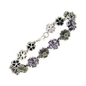   Sterling Silver Marcasite and Lavender Alternating Flower Bracelet