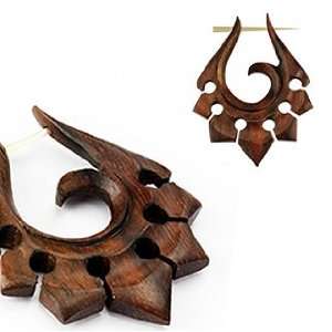   Wood Tribal Ornament Stirrup Hanger Earring with Wood Post   Sold as a