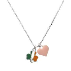  2 D Irish Flag Shamrock and Pink Heart Charm Necklace 