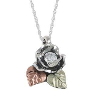 Black Hills Gold Oxidized Rose Flower Pendant in Sterling Silver with 