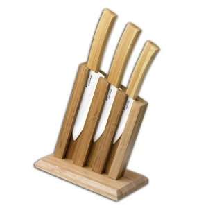  Ceramic Bamboo Set, 3 Knives w/Bamboo Block Sports 