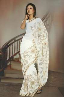 Ivory White Sequin Embroidery Partywear Sari Saree Veil  