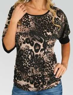 Brown/Black Leopard Ruched Side Short Sleeve Top  