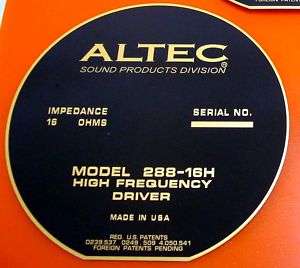 Altec 288 16H or 288 16G Horn rear LABEL NEW and NICE  