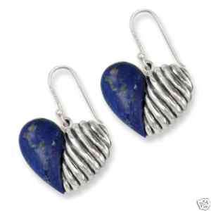 Sterling Silver Geniune Lapis Stone Heart Earrings  