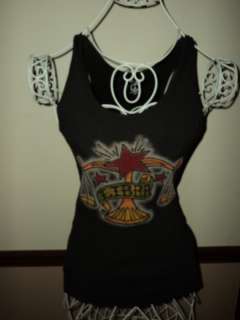 WOW~ LUCKY BRAND SZ XS BLACK RIBBED TANK TOP WITH COLORFUL DESIGN SAYS 