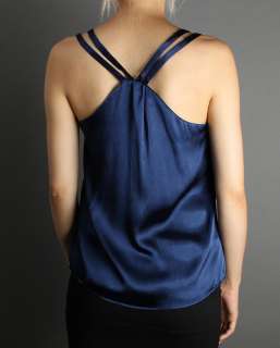NEW A Line Silk Satin Tank Blouse Camisole Top Navy M  