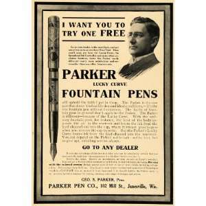  1908 Ad Parkers Lucky Curve Fountain Pen Janesville WI 