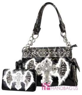 Feathered ANGEL WING Rhinestone CROSS Snakeskin Chained Tote Bag Purse 