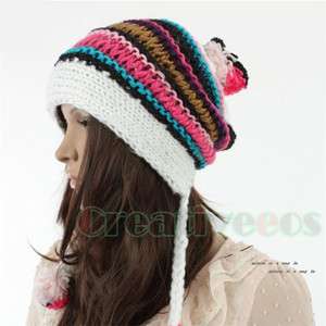   Cool Womens Stripe Winter Wool Cap Snow Warm Beanie Knitted Ball Hat