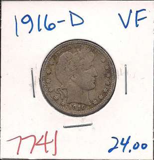 1916 D Barber Quarter Dollar Very Fine #7741+  