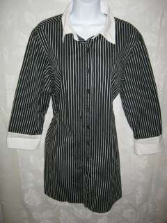 Black White Pinstripe Tunic Blouse Size L Stretch Cotton  