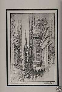WINTER DAY ON WALL STREET FRAMED ETCHING SIGNED 1939  