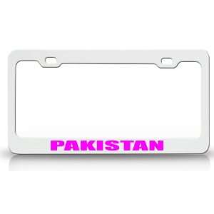 PAKISTAN Country Steel Auto License Plate Frame Tag Holder White/Pink