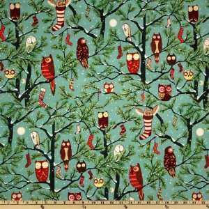  44 Wide Holiday Hoot & Loot Scenic Owls Aqua Fabric By 