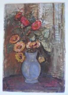 Vase Flowers Abba Fenichel Signed Painting Israel Art Poland Jewish 
