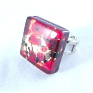    Red Gold Square Venetian Murano Glass Adjustable Ring Jewelry
