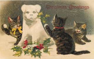 Christmas Cats with Dog Snowman Snowball Fight • Repro Postcard 