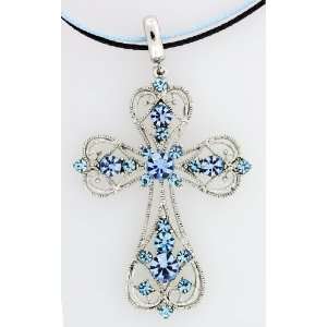   Exquisite Austrian Crystals Aqua Blue Cross Pendant Necklace Jewelry