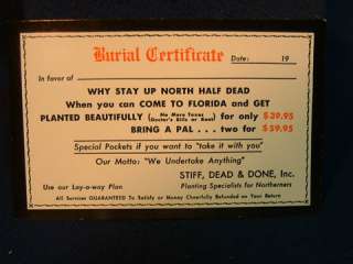 Burial Certificate comic postcard  