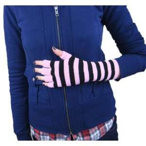  New Gothic Black and Pink Striped Fingerless Knit Gloves Gothic 