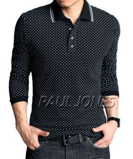 fashion Men Slim Fit Casual Polka Dot Black Long Sleeve T Shirt,polo 