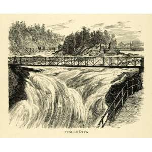  1886 Wood Engraving Trollhattan Waterfalls Gota River 