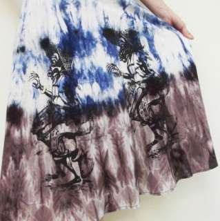 Haitian Voodoo Drum Player Tie Dye Batik Printed Full Skirt Blue 