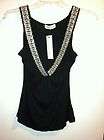 NWT REBECCA BEESON Black Sleeveless V Neck Top with Silver Beaded Trim 