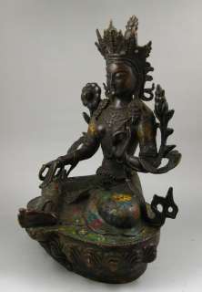 Old Tibetan Purple Bronze Cloisonné Green Tara Statue  