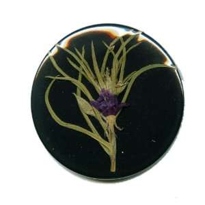    Pocket Mirror Black with Tiny Purple Pressed Flower Beauty