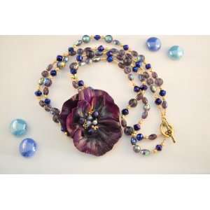  Pansy Purple Paper Flower with Glass Beads Long Necklace 